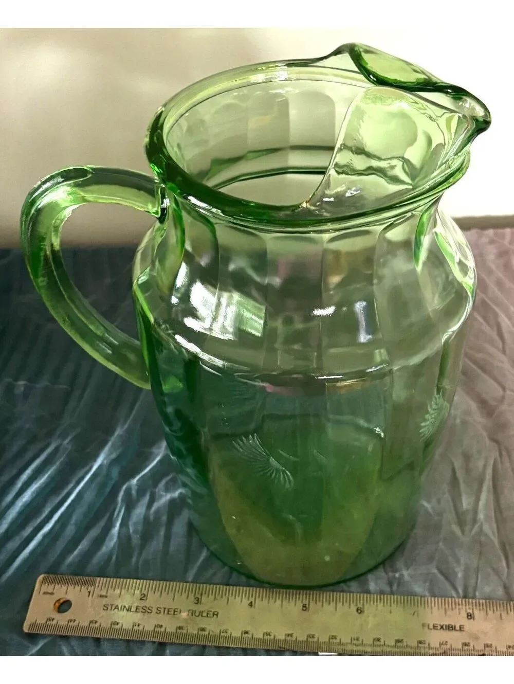 Vintage Uranium Glass Pitcher Green Etched Floral UV Reactive Depression Era